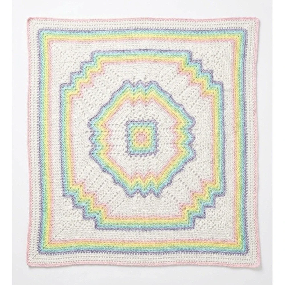 VTG 80s Handmade Crochet Rainbow Pastel Baby Blanket Starburst Afghan 36x36